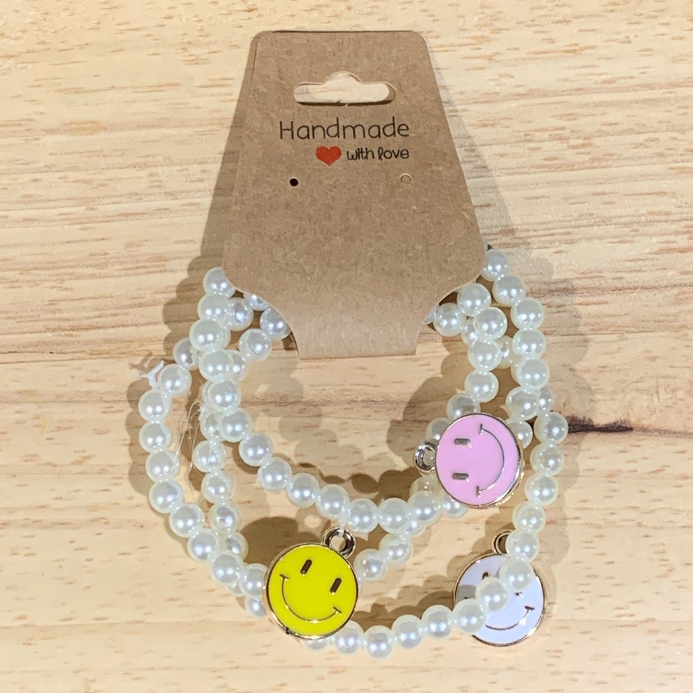 Handmade Beaded Bracelet Women OS Faux Pearl Smiley Face Charm Y2K Kidcore 3pc